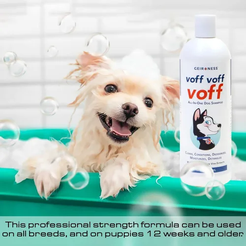 Vista 2 de Voff Voff Voff Champú todo en uno para perros de Geir Ness – Fórmula natural de avena y aloe con coco y extracto de palma datilera – Limpia