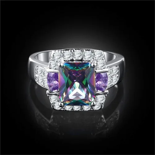 Vista 2 de Ai.Moichien Anillos de compromiso para mujer con topacio arcoíris chapado en plata, anillos de compromiso vintage