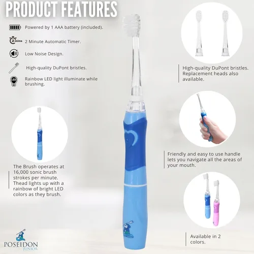 Vista 3 de ToiletTree Products Poseidon - Cepillo de dientes sónico para niños con luces LED, color azul
