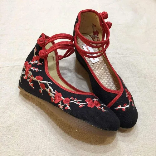Vista 3 de YYYSHOPP Zapatos planos de lona para mujer, zapatos de plataforma oculta de lona con flor de ciruela, bordados, zapatos casuales con correa
