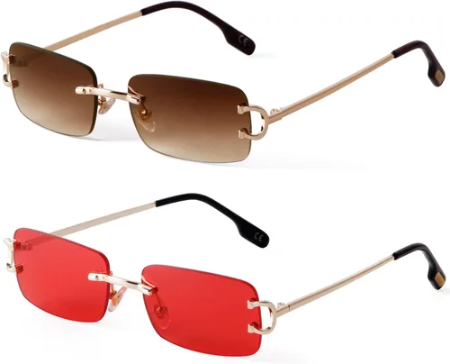 Vista 14 de Rimless Sunglasses for Men Women Small Narrow Rectangle Sunglasses 2 piezas: azul degradado+marrón degradado