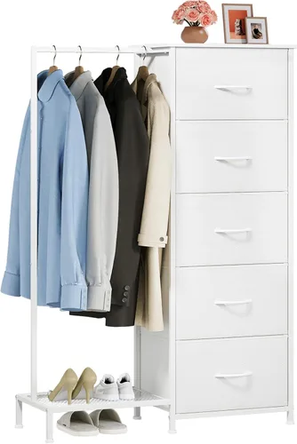 Vista 10 de Somdot - Cómoda con estante para colgar, 5 cajones, cómoda pequeña para dormitorio, cómoda reversible con estante para ropa, cómodas para niños