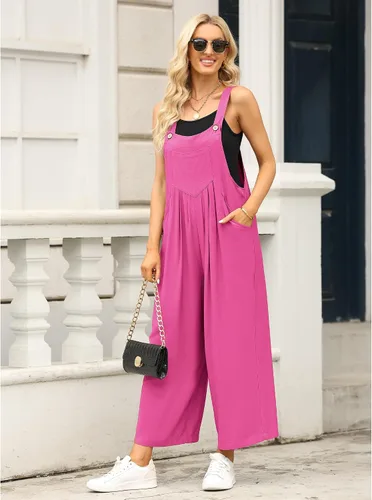 Vista 4 de luvamia Overol para mujer, casual, holgado, pierna ancha, bohemio, con bolsillos, overol con pechera