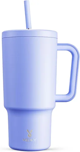 Vista 47 de Meoky - Vaso de 30 oz con asa, tapa y pajilla, taza de viaje térmica de acero inoxidable 100% a prueba de fugas, para portavasos, mantiene el frío