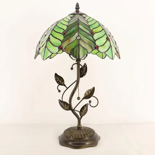 Vista 7 de Tiffany Table Lamp Stained Glass Bedside Reading Light W12H19 inch Brown Green Leaf Style Stained Glass Desk Light Pull Chain Switch Metal Leaf