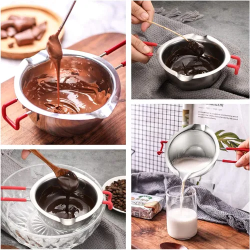 Vista 3 de Paquete de 2 ollas de acero inoxidable con doble caldera de chocolate, olla para derretir jabón, velas, caramelos, caramelos, velas, cera, a prueba