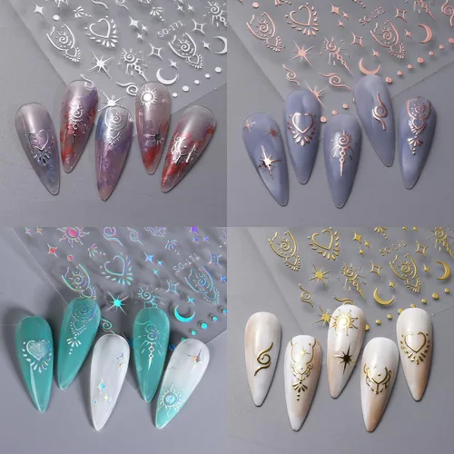 Vista 2 de 6 hojas de calcomanías de uñas de estrellas doradas 3D autoadhesivas plateadas, calcomanías de uñas degradadas de corazón y luna, calcomanías