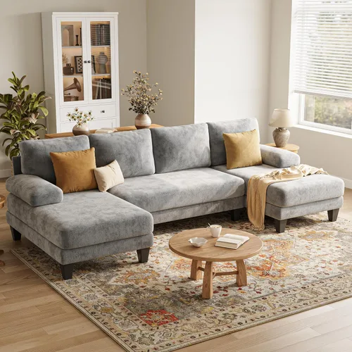 Vista 10 de Sofás seccionales en forma de U para sala de estar, sofá modular moderno de 112 pulgadas, sofá de felpilla gris oscuro con diván doble