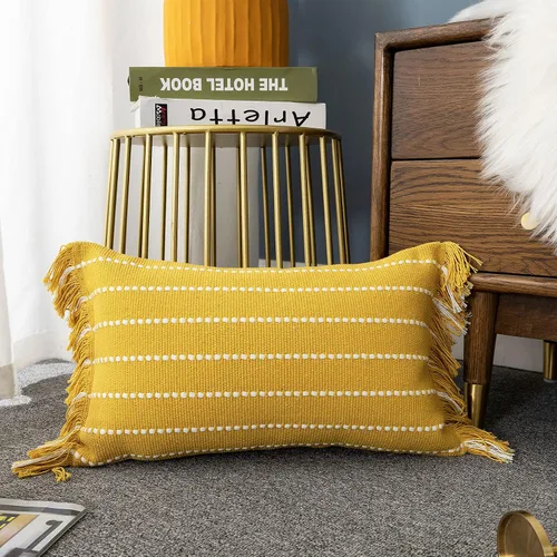 Vista 10 de LIGICKY Fundas de almohada decorativas para el hogar, estilo bohemio, con borlas, cuadradas, de algodón, a rayas, para sofá, dormitorio, sala