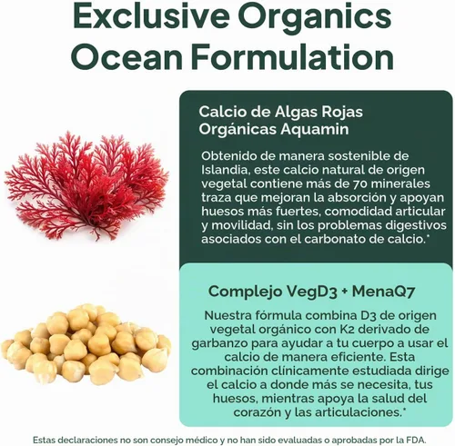 Vista 5 de Organics Ocean Better - Algas rojas de calcio derivadas con D3 y K2, 60 cápsulas