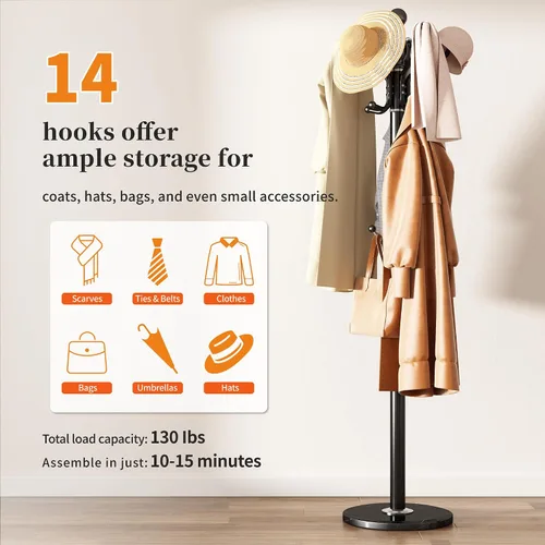Vista 5 de Perchero de metal con rotación de 360°, color negro Modern Coat Rack with 360° Rotary Design Sturdy Heavy Duty Hall Tree Hats Hanger Holder Stand