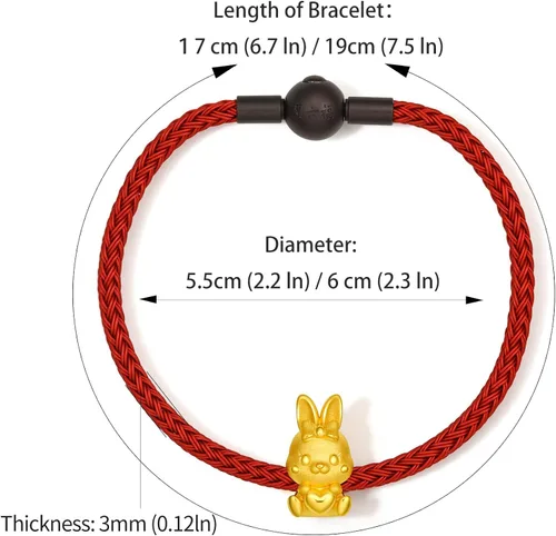 Vista 2 de ZHOU LIU FU Pulseras de oro real para mujer, pulsera de conejo de la suerte, joyería de oro de 24 quilates, pulsera roja, dije de oro sólido