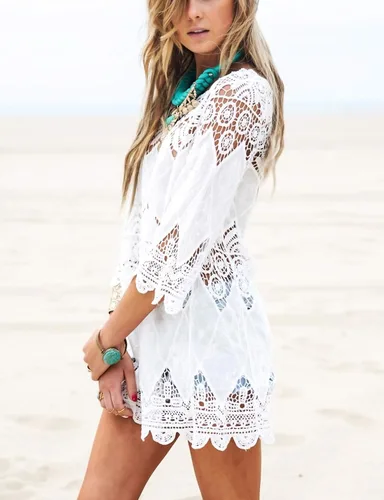 Vista 3 de Vestido de playa, tipo túnica, tejido al crochet, cubre la bikini, M, Blanco