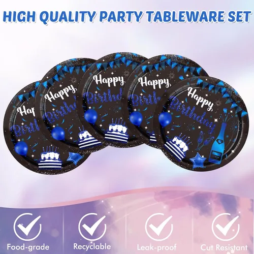 Vista 5 de Juego de 41 piezas de vajilla de decoración de fiesta de cumpleaños azul marino y negro, incluye platos, servilletas, mantel para hombres y mujeres