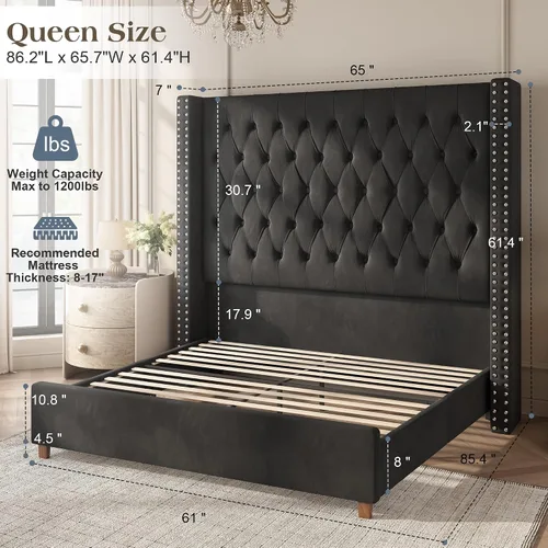 Vista 2 de PaPaJet Base de cama Queen de 61.4 pulgadas de alto, cabecera tapizada