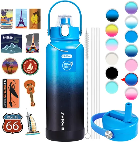 Vista 35 de Botella de agua aislada con tapa, bota y calcomanías, botella de acero inoxidable de 24 onzas, sin sudor, mantiene el frío las 24 horas, botella