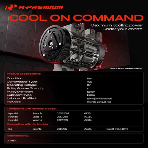 Vista 2 de A-Premium Compresor de aire acondicionado con embrague compatible con Kia Sorento 2011-2012, Hyundai Santa Fe Veracruz 2007-2012, 3.3L 3.5L 3.8L