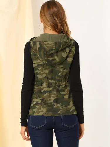Vista 5 de Allegra K Chaleco de camuflaje con capucha y cordón en la cintura para mujer