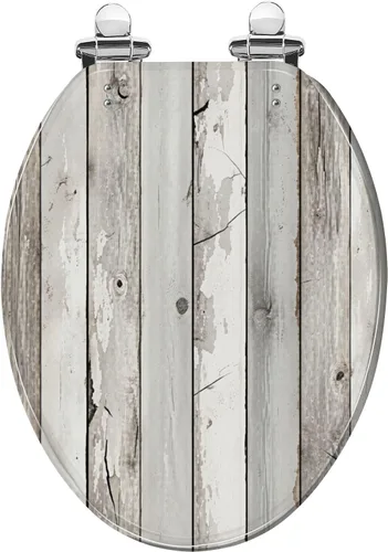 Vista 19 de Asiento de inodoro alargado con textura de tablón de madera blanca envejecida, asiento de inodoro de resina con encanto rústico con bisagras