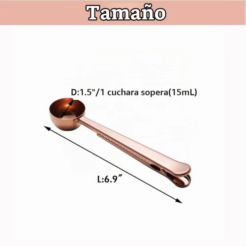 Vista 2 de Cuchara y clip de café de 3 piezas, cuchara de acero negro+oro+oro rosa
