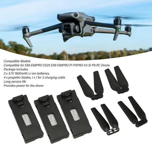Vista 2 de Batería para dron, 3 unidades, 3.7 V, 1800 mAh con 4 cuchillas de hélice, accesorios de mini hélices, batería de dron con cuchillas para E88 E88PRO