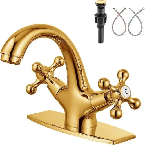 Vista 13 de Aolemi Grifo de lavabo de baño de un solo agujero, frío y caliente, doble mango, pomos cruzados, lavabo mezclador con placa de cubierta con drenaje