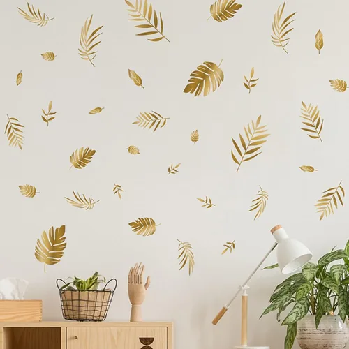 Vista 5 de Calcomanías de pared de hojas doradas, calcomanías de pared de hojas botánicas para despegar y pegar para sala de estar y dormitorio