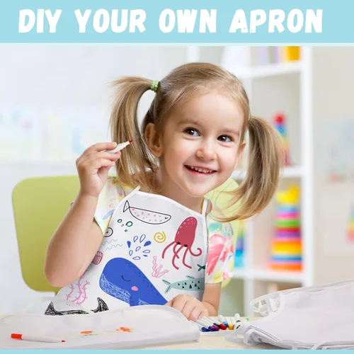 Vista 5 de Pllieay 52 delantales para niños, delantales blancos para niños con bolígrafo de colores y plantillas de diario para pintura, cocina, cocina
