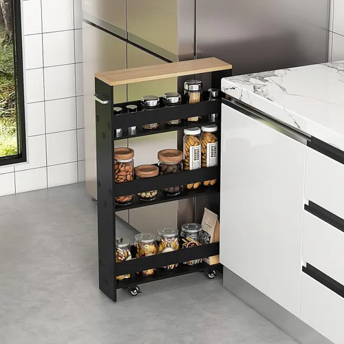 Vista 9 de COSTWAY Carrito de almacenamiento delgado y rodante, carrito utilitario rodante de 4 niveles, carrito de almacenamiento de cocina de madera con asa