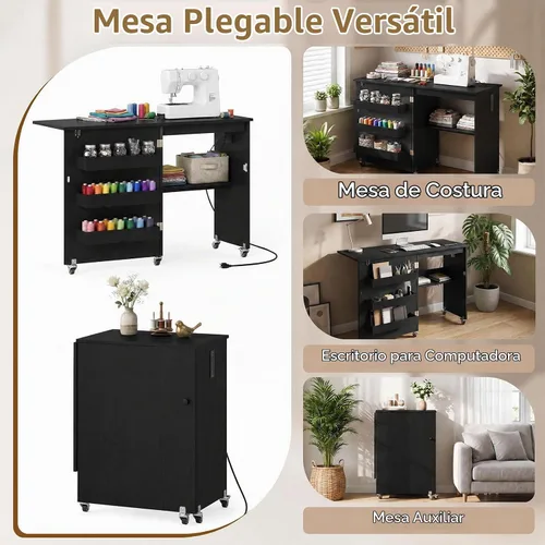 Vista 6 de GIANTEX Mesa de costura plegable con estación de carga, bandejas de Negro