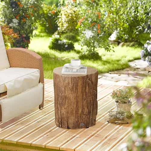Vista 2 de HOMCOM Taburete de tocón de árbol, mesa auxiliar decorativa con mesa redonda, mesa auxiliar de hormigón con acabado de grano de madera