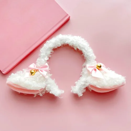 Vista 2 de Banda de pelo con orejas de cordero, nudo de lazo, campana, adorno decorativo para el cabello, peluche femenino de dibujos animados, diadema