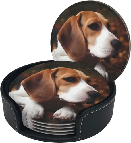Vista 8 de Juego de 6 posavasos redondos de Beagle con soporte para bebidas, protector de mesa, almohadilla para el hogar y la cocina, juego de posavasos