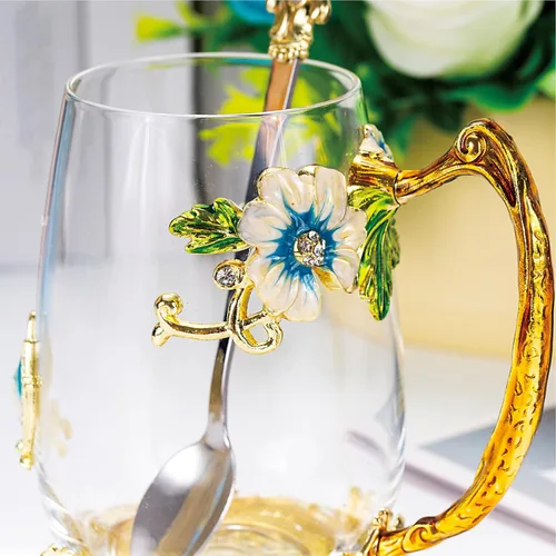 Vista 4 de Taza de té con flores, taza de café de vidrio con mariposa y margarita, con cuchara, caja de regalo para su mamá, esposa, abuela, niñas, amigas