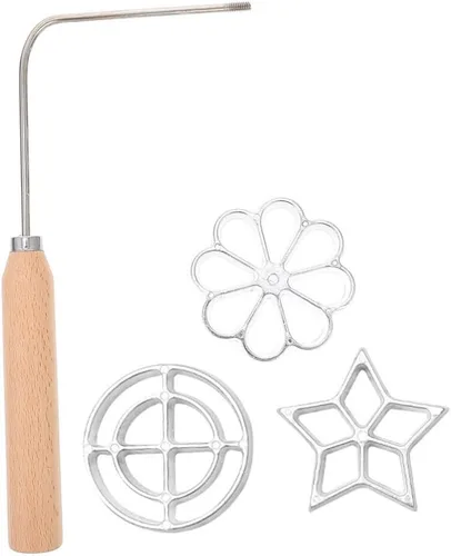Vista 3 de BESTonZON Juego de timbales de roseta de aluminio para hornear gofres con mango de madera en forma de flor de estrella, molde sueco casero, molde
