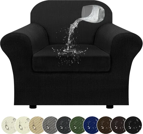 Vista 38 de Funda impermeable para silla con brazos, juego de 2 piezas, funda a rayas para 1 sofá separado con cojín en T, fundas de sillón de tela