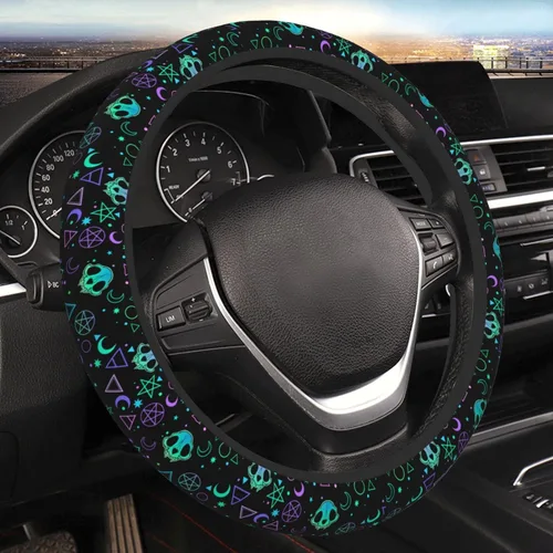 Vista 14 de Funda de volante retro con diseño de calavera para mujeres, hombres y niñas, accesorios para automóvil, decoración, antideslizante, de neopreno, 15