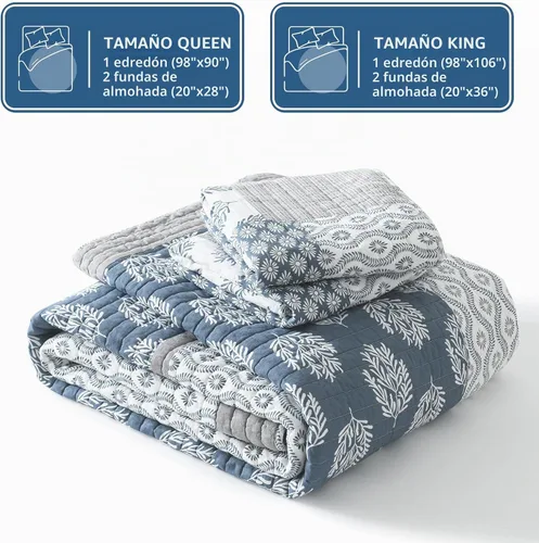 Vista 6 de KALOOLA - Juego de ropa de cama con colcha acolchada de retazos tamaño queen, 100% algodón, colcha ligera con 2 fundas de almohada, colcha Azul