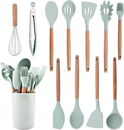 Vista 16 de Juego de utensilios de cocina de silicona negra con soporte de cubo de almacenamiento, mango de madera antiadherente, utensilios de cocina