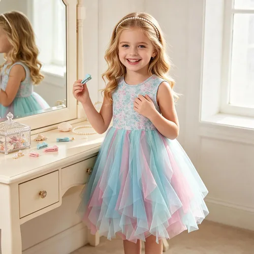 Vista 5 de VIKITA Vestido tutú para niñas pequeñas, falda de princesa de tul de sirena, traje de fiesta de cumpleaños de verano para niñas pequeñas de 3 a 8