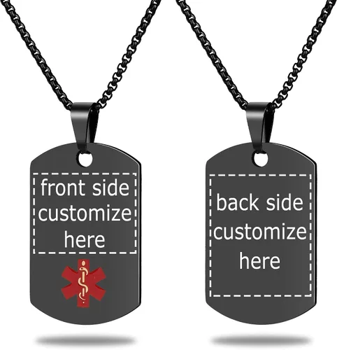 Vista 35 de Collar de alerta médica, etiqueta grabada con láser, grabado personalizado, etiqueta de identificación de acero inoxidable, colgante para hombres