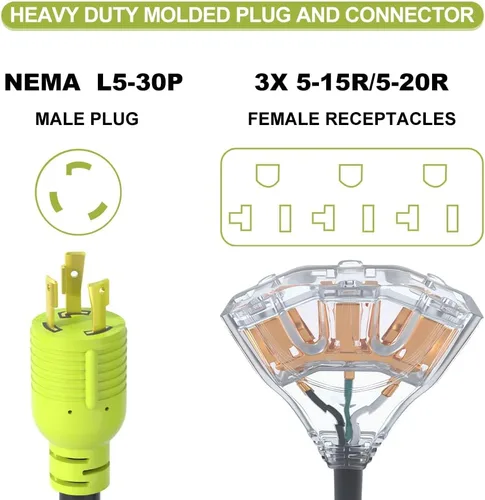 Vista 2 de Cable de alimentación para generador adaptador RV de 30 amperios a 110, adaptador de 3 clavijas a enchufe de bloqueo giratorio de 20 amperios