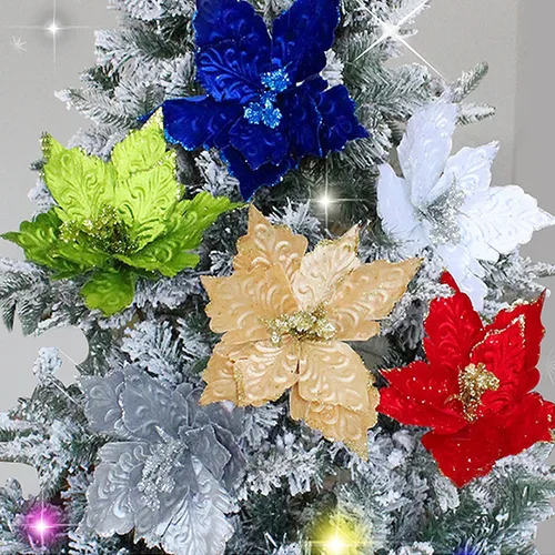 Vista 6 de 6 flores de Pascua artificiales con purpurina, flores de Navidad azules, decoración floral de árbol de Navidad para corona, arreglo floral, jarrón