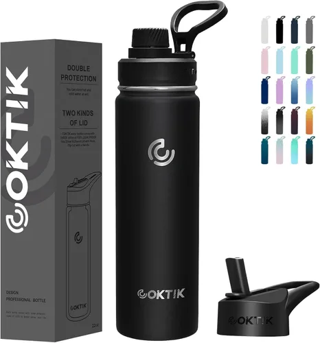 Vista 47 de COKTIK Botella de agua deportiva de 22 onzas, botella de agua de acero inoxidable para aislamiento térmico, botella de viaje reutilizable