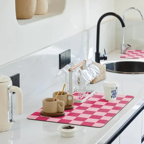Vista 10 de Ohocut Tapete de secado de platos a cuadros para encimera de cocina, accesorios de estación de cafetería, estética, retro, moderna, absorbente