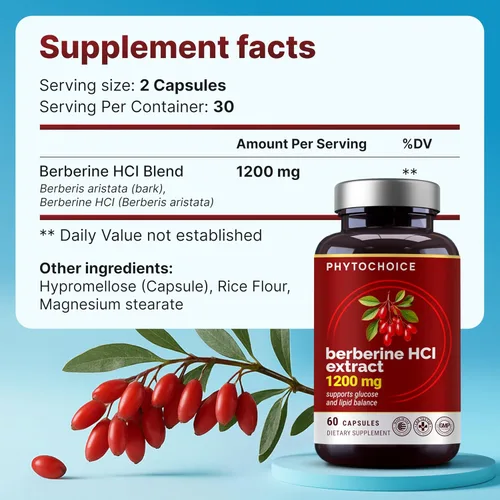 Vista 3 de Pure Berberine HCl 1200mg - Suplemento de berberina de alta absorción para la salud metabólica, apoyo avanzado del metabolismo de la glucosa