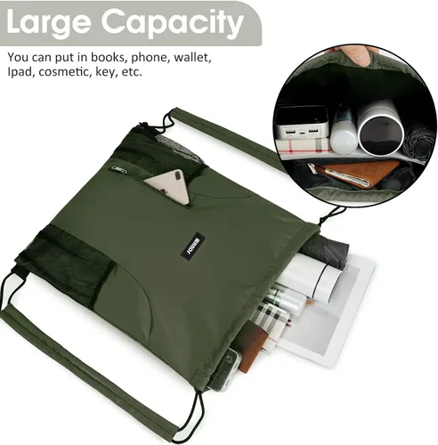Vista 4 de WANDF Mochila con cordón y almohadilla para el hombro, mochila deportiva para gimnasio con bolsillo de malla para mujeres y hombres, Verde oscuro