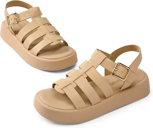 Vista 2 de DREAM PAIRS Sandalias de plataforma de pescador para mujer, con tiras bajas Y2K, sandalias de gladiador suaves con hebilla de cojín y comodidad