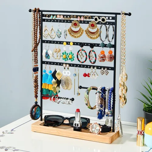 Vista 4 de Bielebbi Organizador de aretes, soporte para pendientes y soporte para joyas con soporte para collar de 4 niveles, bandeja de madera adecuada