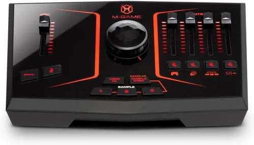 Vista 4 de M-GAME Mezclador de interfaz de audio USB Solo para transmisión y juegos con micrófono XLR, entrada óptica, Voice FX, muestreador, luces y software